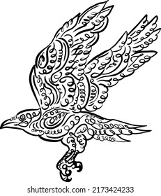 Raven, Crow Flying Hand Drawn Line Art, Swirl Doodle Illustration