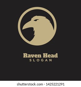 raven crow head with circle logo with gold color icon design vector illustration template