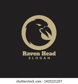 raven crow head with circle logo with gold color icon design vector illustration template