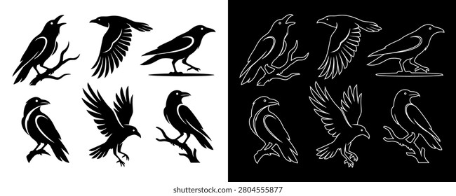 Raven and Crow Logo Vector Set: Mystical Black Bird Silhouettes and Line Art Icons for Modern Branding, Tattoo, and Mascot Design
