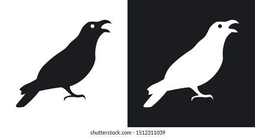 Raven or crow silhouette, halloween illustration. Two-tone vector icon on black and white background