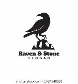 raven crow standing in stone black color with isolated background logo icon design vector illustration