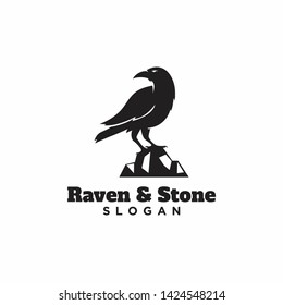 raven crow standing in stone black color with isolated background logo icon design vector illustration