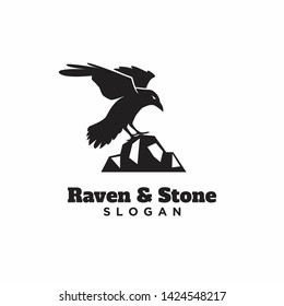 raven crow standing in stone black color with isolated background logo icon design vector illustration