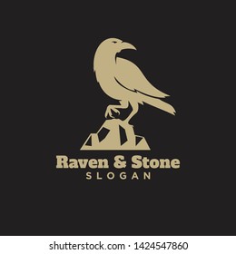 raven crow standing in stone gold color with black background logo icon design vector illustration
