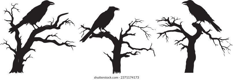 Raven Dead Tree Featured in Spooky Halloween Night Vector Design Set: Includes Silhouette of a Raven Bird at Bare Tree Branches Entrance