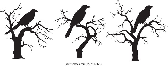 Raven Dead Tree and Silhouette Raven Bird at Bare Tree Branches Entrance: Spooky Halloween Night Vector Design Set