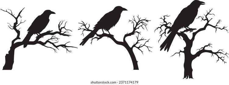 Árbol muerto de raven en espeluznante juego de diseño de vectores nocturnos de Halloween: Con el pájaro de Silhouette Raven en la entrada de las ramas de árboles desnudos