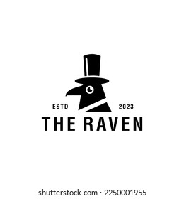 RAVEN DOCTOR LOGO. crow bird head with top hat design. gentleman black raven crow with bowler top hat 