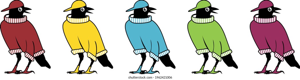 A raven dressed in a jumper and a red cap
