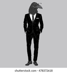 raven dressed up in suit, furry art illustration, fashion birds