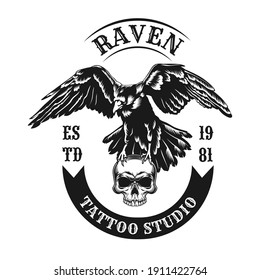 Raven emblem design. Monochrome element with wild crow carrying skull vector illustration with text. Horror concept for tattoo studio stamps and labels templates