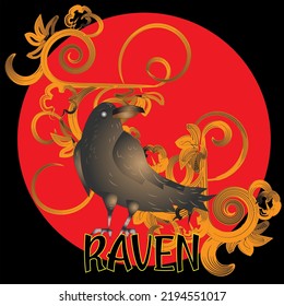 Raven Fantasy Art Swirl Vintage Vector Illustration