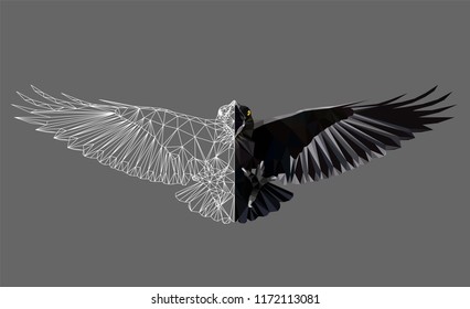 Raven in flight on grey background, low poly triangular and wireframe vector illustration EPS 8 isolated. Polygonal style trendy modern logo design. Suitable for printing on a t-shirt.