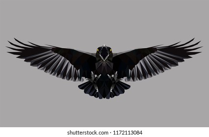 Raven in flight on grey background, low poly triangular vector illustration EPS 8 isolated. Polygonal style trendy modern logo design. Suitable for printing on a t-shirt.