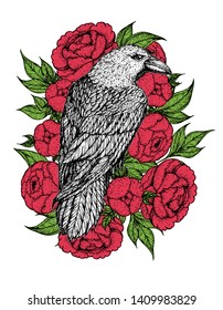 Raven Flowers Hand Drawn Illustration Tattoo Stock Vector (Royalty Free ...