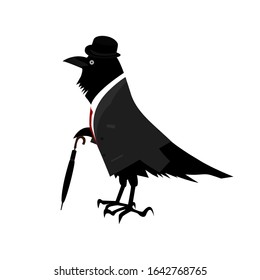 Raven is a gentleman. Cartoon drawing. Vector illustration.