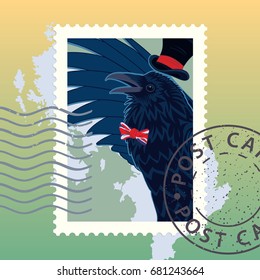 Raven Gentleman with top hat and map of United Kingdom. Vector illustration. Stamp. Mark. Postcard.
