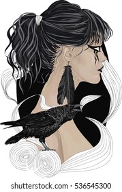 Raven Girl - Portrait of  beautiful Goth woman with face in profile. High Quality Vector Poster - Detailed Vector Arts - Gothic Girl - Beautiful Brunette Girl with Dark Lipstick