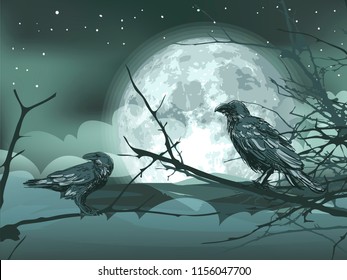 raven halloween dark tree vector background