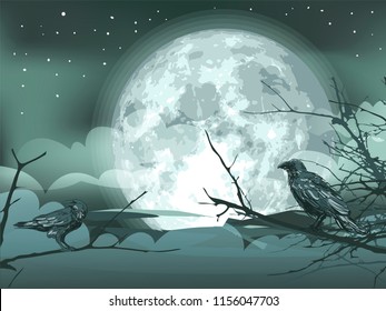raven halloween dark tree vector background