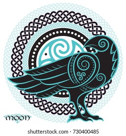Raven hand-drawn in Celtic style, on the background of the Celtic moon ornament, isolated on white, vector illustration