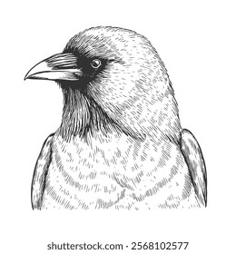 Raven Hand-Drawn Vector, Graphic Style, Cartoon Illustration, Black and White, Sketch Style, Isolated on White Background