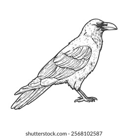 Raven Hand-Drawn Vector, Graphic Style, Cartoon Illustration, Black and White, Sketch Style, Isolated on White Background