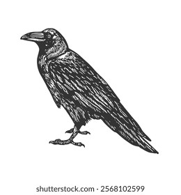 Raven Hand-Drawn Vector, Graphic Style, Cartoon Illustration, Black and White, Sketch Style, Isolated on White Background