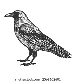 Raven Hand-Drawn Vector, Graphic Style, Cartoon Illustration, Black and White, Sketch Style, Isolated on White Background