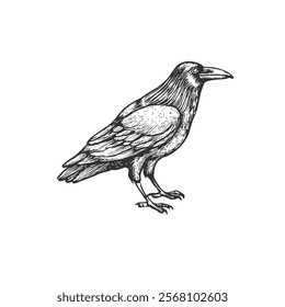 Raven Hand-Drawn Vector, Graphic Style, Cartoon Illustration, Black and White, Sketch Style, Isolated on White Background