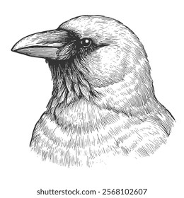 Raven Hand-Drawn Vector, Graphic Style, Cartoon Illustration, Black and White, Sketch Style, Isolated on White Background