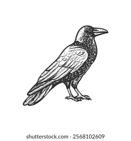 Raven Hand-Drawn Vector, Graphic Style, Cartoon Illustration, Black and White, Sketch Style, Isolated on White Background