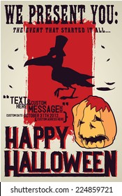 Raven with a hat, fully editable vector, Halloween poster template