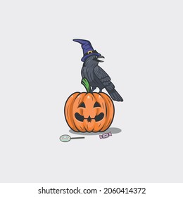 El cuervo con un sombrero está en la calabaza
