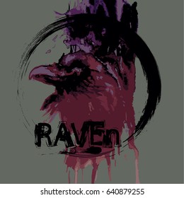 Raven head in grunge style may be used for t shirt print