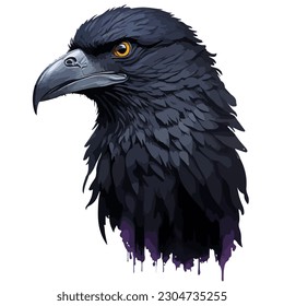 Raven head in grunge style. Watercolor drawing