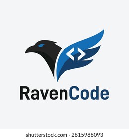 Raven head logo design with coding brackets integrated into the blue wing. Modern vector illustration concept for software development, IT agency, web design, app programming, cybersecurity, and tech startup brand identity.