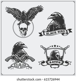 Raven heraldry coat of arms. Labels, emblems and design elements for sport club.