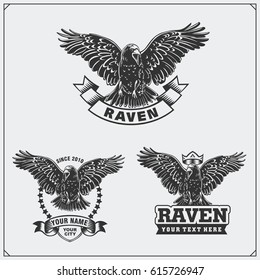 Raven heraldry coat of arms. Labels, emblems and design elements for sport club.