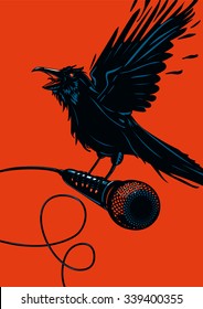 Raven is holding a microphone. Rock illustration for posters.