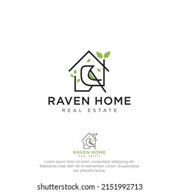 raven home real estate logo, luxury geometry line art home and bird vector