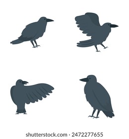 Raven icons set cartoon vector. Cute cartoon black raven. Bird, animal