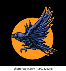 Raven illustration vector with moon dark background