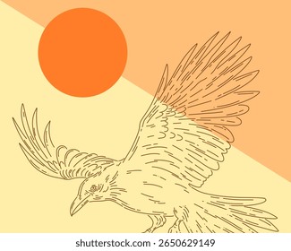 Raven ink outline art crow bird wings flying illustration vector template poster print art t shirt design element editable