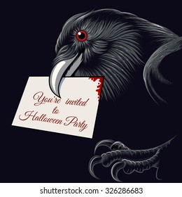 The raven with invitation card to Halloween Party in a beak. 
