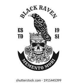 Raven with king skull emblem design. Monochrome element with crow on dead head in crown with flowers vector illustration with text. Horror concept for tattoo studio stamps and labels templates