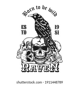 Raven label design. Monochrome element with wild crow on heap of skulls vector illustration with text. Horror concept for tattoo studio stamps and emblem templates