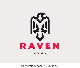 Raven linear logo. Hawk heraldic emblem design editable for your business. Vector illustration.