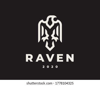 Raven linear logo. Hawk heraldic emblem design editable for your business. Vector illustration.